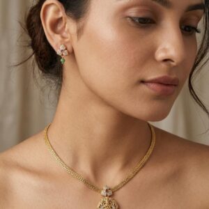 Gold-Plated Floral Necklace & Earrings Set with Green Beaded Drops
