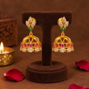 Gold Plated Ruby & CZ Stone Jhumka Earrings