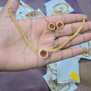 Gold Plated Ruby Stone Necklace and Stud Earrings Set