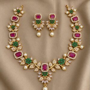 Gold Plated  Multicolour Stone Necklace Set with Pearl Drops